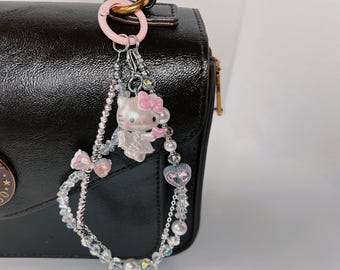 Phone Charm Strap | Cute Cat & Heart Beads | Pink Crystal Pearl Style | Bag/Phone Keychain Accessory | Kawaii Gift for Girls
