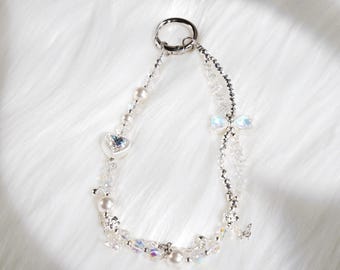 Handgemachte Perle Handy Anhänger,Silber Schmetterling Armband,Kokette Herz Armband,Y2K Fairycor Ästhetik,Kristall Perlen Kette,Geschenk für Sie