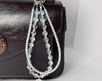 Luxury Phone Strap | Baroque Pearl & Aurora Crystal Beads |  White Double Layer with Pendant Charm | Wristlet/Bag Accessory |  Gift for Her
