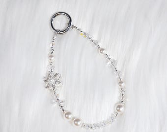 Handmade Snowflake Pearl Phone Chain, White Crystal Beaded Phone Strap with Silver Ring, Winter Aesthetic Accessories, Anniversary Gift Her