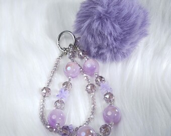 Joyería hecha a mano, colgante para teléfono con pompón morado, correa de burbujas de cristal lavanda, estética Fairycore, colgante esponjoso para bolso, llavero bonito Y2K.