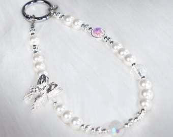 Handmade Silver Butterfly Phone Chain with White Crystal Beads, Y2K Fairycore Accessory with Metal Patch, Beaded Phone Charm, Valentine Gift