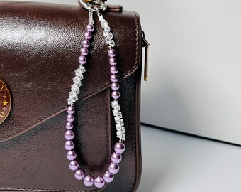 Elegant Pearl Phone Charm Beaded Purple Lanyard with Crystal Flower | Wrist Strap for Phone/Handbag | Luxury Gift for Her
