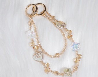 Handmade Gold Beaded Phone Chain, Iridescent Star and Heart Charm Phone Jewelry, Elegant Champagne Crystal Accessory, Valentine Gift Her