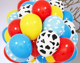30 Stück Latexballon mit Kuhmuster, rot-gelb-blau und schwarz-weiß-blau mit Wolken