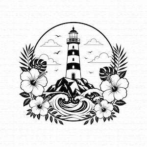 May include: A black and white circular graphic illustration featuring a striped lighthouse standing on a rocky outcrop. The scene includes stylised ocean waves, hibiscus flowers, palm leaves, and small birds flying among clouds in the sky.
