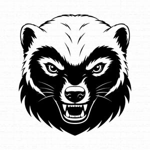 May include: A black and white graphic illustration of a wolverine head. The design features a snarling expression with bared teeth, focused eyes, and detailed fur markings around the face, presented in a high-contrast, bold line art style.