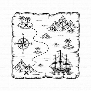 Puede incluir: Una ilustración de arte lineal en blanco y negro de un mapa del tesoro en papel pergamino. El mapa presenta una rosa de los vientos, dos islas con palmeras, dos cadenas montañosas, un barco de vela y un camino punteado hacia dos grandes X.