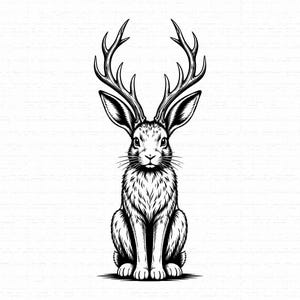 May include: A black and white line art illustration of a jackalope, featuring a rabbit with long ears and a pair of deer antlers extending from its head. The creature is depicted in a seated, forward-facing position with detailed fur texture.