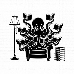 Puede incluir: Una ilustración gráfica en blanco y negro de un pulpo con gafas redondas, sentado en un sillón. El pulpo sostiene varios libros abiertos con sus tentáculos. Una lámpara de pie se encuentra a la izquierda y una pila de libros a la derecha.