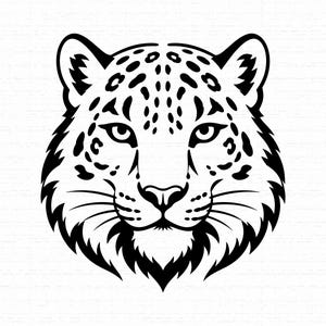 May include: A black and white graphic illustration of a leopard head facing forward. The design features bold black lines forming the facial features, pointed ears, whiskers, and the characteristic spotted pattern of the feline on a white background.