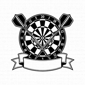 以下が含まれることがあります： 数字が記されたセグメントを持つ円形のダーツボードと、その前に交差して配置された2本のダーツを描いた白黒のグラフィックイラスト。ダーツボードの下には、中央が白く黒い輪郭線で縁取られた、空白の曲線状のバナーが配置されている。