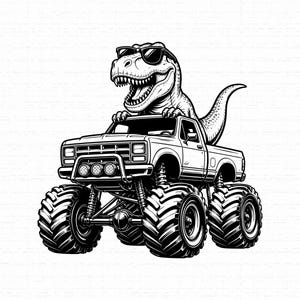 May include: A black and white graphic illustration of a Tyrannosaurus Rex wearing sunglasses, positioned in the bed of a large pickup truck with oversized monster truck tyres, a front brush guard, and three circular auxiliary lights.