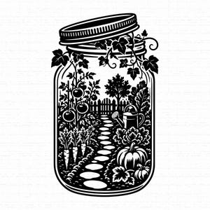 May include: A black and white graphic illustration of a glass mason jar containing a miniature garden scene. Inside the jar are tomato plants, carrots, a pumpkin, a watering can, a stone path, and a wooden fence, with ivy leaves at the top.