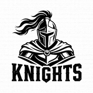 May include: A black and white graphic illustration of a knight wearing a helmet with a flowing plume and a cape. The knight is depicted from the chest up, featuring bold lines and shading. Below the figure, the word KNIGHTS is printed in a bold font.