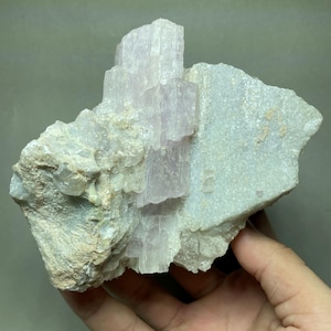 Può includere: Un esemplare minerale grezzo e naturale con un gruppo di cristalli rosa pallido su una matrice verde chiaro e beige. I cristalli hanno un aspetto a strati e la consistenza generale è ruvida e irregolare. Il minerale è tenuto in una mano.