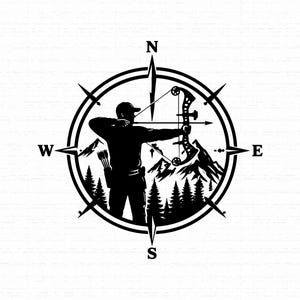 May include: A black and white graphic design featuring a silhouette of an archer aiming a compound bow. The figure is centered within a compass rose marked with N, S, E, and W. The background depicts a mountain range and a forest of pine trees.