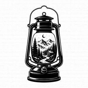 May include: A black and white illustration of a vintage oil lantern. The glass globe features a detailed scene of a mountain range, a dense pine forest, a small cabin, and a winding path under a crescent moon and starry night sky.