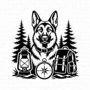 Deutscher Schäferhund SVG, Wanderhund-Clipart PNG, Wildniskompass Cricut-Datei, Camp K9 Backpacker T-Shirt-Design, Sofort-Download