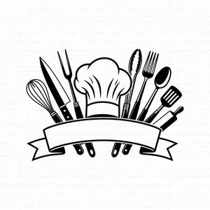 May include: A black and white graphic illustration featuring a central chef hat surrounded by various kitchen utensils including a whisk, knife, carving fork, tongs, fork, spoon, spatula, and rolling pin, all positioned above a blank banner.