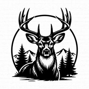 May include: A black and white graphic illustration featuring a deer with large antlers centered within a circular frame. The background depicts a silhouette of pine trees and mountain peaks, creating a high-contrast nature-themed design.