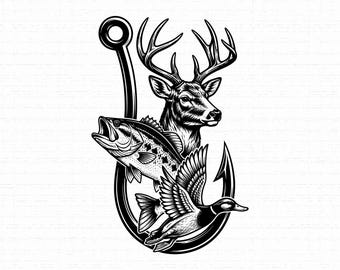 Hunting Fishing SVG, Deer Duck Bass Fish Hook T-Shirt Design, Outdoorsman Wildlife PNG, Country Hunter Sublimation, Instant Download