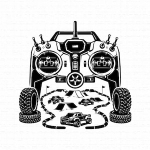 May include: A black and white graphic illustration featuring a remote control transmitter positioned above a miniature off-road race track. The track includes small trucks, ramps, and flags, flanked by two stacks of tires on the left and right sides.