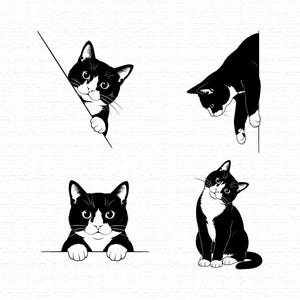 Pode incluir: Um conjunto de quatro ilustrações a preto e branco de um gato tuxedo em várias poses. Um gato espreita de uma borda diagonal, outro pendura-se numa linha vertical, um apoia as patas numa linha horizontal e o quarto está sentado com a cabeça inclinada.
