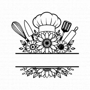 May include: A black and white graphic illustration featuring a chef hat, a whisk, a knife, a spatula, and a rolling pin arranged above sunflowers and leaves. A horizontal split frame is positioned in the centre for custom text placement.