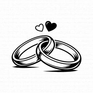 Puede incluir: Una ilustración gráfica en blanco y negro de dos anillos entrelazados colocados uno al lado del otro. Sobre los anillos hay dos corazones pequeños, uno con contorno negro y otro relleno de color negro, creando un diseño sencillo.