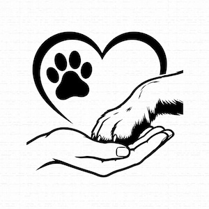 May include: A black and white graphic illustration featuring a human hand gently holding an animal paw. Above the hand and paw, a large heart outline contains a solid black paw print. The design uses bold lines to depict the connection between human and pet.