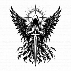 Gothic Angel SVG, Dark Warrior Cricut File, Archangel Wings PNG for Sublimation, Fallen Angel Sword Clipart Vector, Instant Download