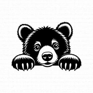 May include: A black and white graphic illustration of a bear cub peeking over an edge. The bear has rounded ears, wide eyes, a light-colored muzzle, and two front paws with visible claws extended forward, rendered in a high-contrast style.