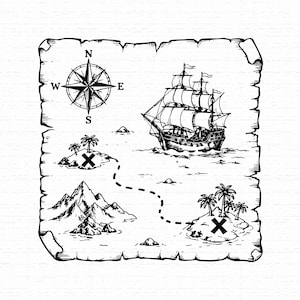 Peut inclure: Une illustration en noir et blanc au trait représentant une carte au trésor sur du papier parchemin. La carte présente un voilier, une rose des vents avec les lettres N, S, E, O, deux îles avec des palmiers et un chemin en pointillés.