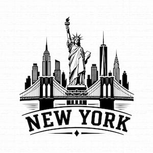 May include: A black and white graphic illustration featuring the Statue of Liberty centered above the Brooklyn Bridge, with a New York City skyline silhouette in the background and the text NEW YORK printed in bold capital letters at the bottom.