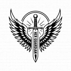 Her Guardian SVG, Sword with Wings PNG for Cricut, Winged Blade Clipart, Medieval Warrior Silhouette Graphic, Instant Download