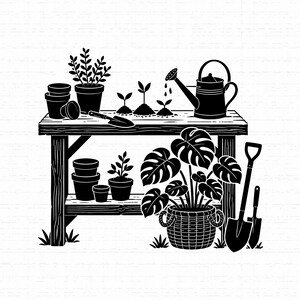 Banc de jardinage SVG, fichier de coupe de table de rempotage, silhouette de plante botanique PNG pour sublimation, graphique de T-shirt d'outils de jardin, téléchargement immédiat6