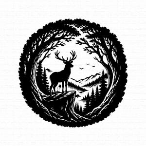 May include: A circular black and white graphic illustration featuring a silhouette of a stag standing on a rocky cliff edge. The scene is framed by dense forest trees, with a distant mountain range, a lake, and birds in the sky visible in the center.