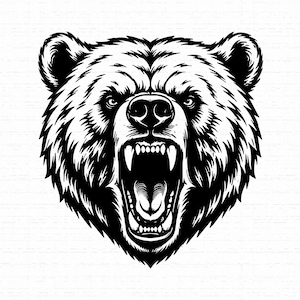 Puede incluir: Una ilustración gráfica en blanco y negro de alto contraste de una cabeza de oso mirando al frente. El oso tiene una expresión feroz con la boca abierta, revelando dientes afilados y una garganta oscura, con líneas marcadas y pelaje.