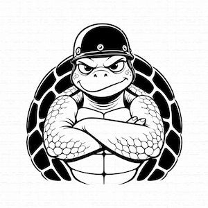 May include: A black and white graphic illustration of a turtle wearing a military-style helmet. The turtle has a stern facial expression with crossed arms, a textured shell, and a muscular chest, presented in a bold, high-contrast comic book style.