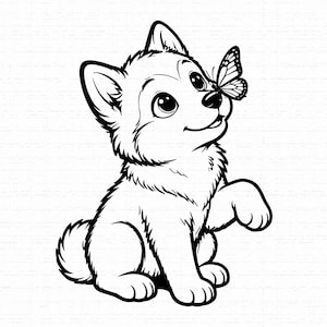 May include: A black and white line art illustration of a puppy sitting down with one paw raised. A butterfly is perched on the puppy's nose. The puppy has large, expressive eyes and fluffy fur, rendered in a clean, bold, and simple graphic style.