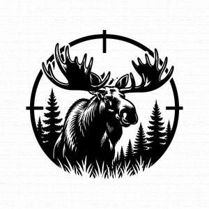 May include: A black and white graphic illustration featuring a moose with large antlers standing in a forest of pine trees. The entire scene is framed within a circular border that resembles a rifle scope reticle with crosshair markings.