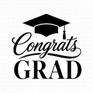 May include: A black graphic design featuring a graduation cap with a tassel positioned above the text Congrats GRAD. The word Congrats is written in a cursive script font, while the word GRAD is displayed in a bold, uppercase serif typeface.