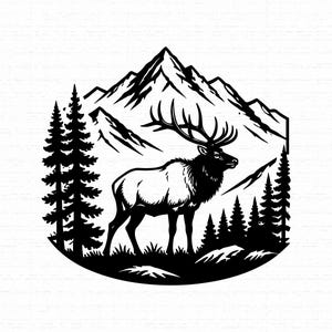 May include: A black and white graphic illustration featuring an elk standing in a forest landscape. The scene includes tall pine trees in the foreground and a large mountain range in the background, all rendered in a high-contrast, solid black ink style.