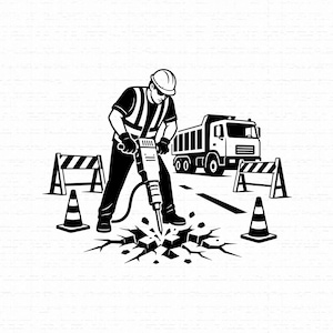May include: A black and white graphic illustration of a construction worker wearing a hard hat and high-visibility vest, operating a jackhammer to break up pavement. A dump truck, two traffic cones, and two striped barricades are visible.