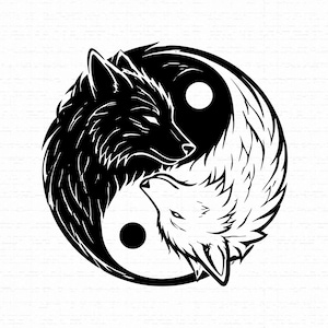May include: A circular graphic design featuring two wolves arranged in a yin and yang formation. One wolf is black with white accents, and the other is white with black accents. Each side contains a small solid circle of the contrasting colour.