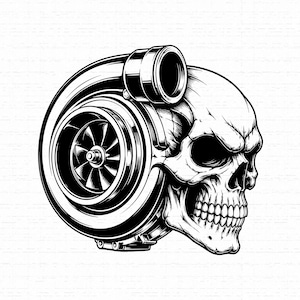 May include: A black and white graphic illustration featuring a mechanical turbocharger integrated with a human skull. The design showcases the intricate metal turbine blades and housing fused with the detailed bone structure of a skull.