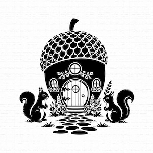 May include: A black and white graphic illustration featuring a house shaped like an acorn with a textured cap. Two squirrels stand on either side of a stone path leading to a round door. The design includes small windows, flowers, and foliage.
