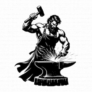 May include: A black and white graphic illustration of a muscular blacksmith wearing an apron, striking a glowing piece of metal on an anvil with a heavy hammer. The scene captures the intense action of metalworking with sparks flying outward.