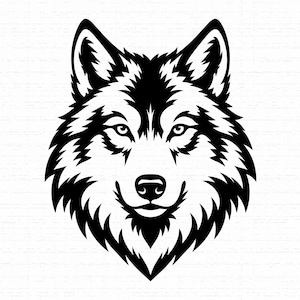 May include: A high-contrast black and white graphic illustration of a wolf head facing forward. The design features sharp, stylized fur details, pointed ears, and focused eyes, rendered in a clean, bold, and symmetrical vector-style art format.